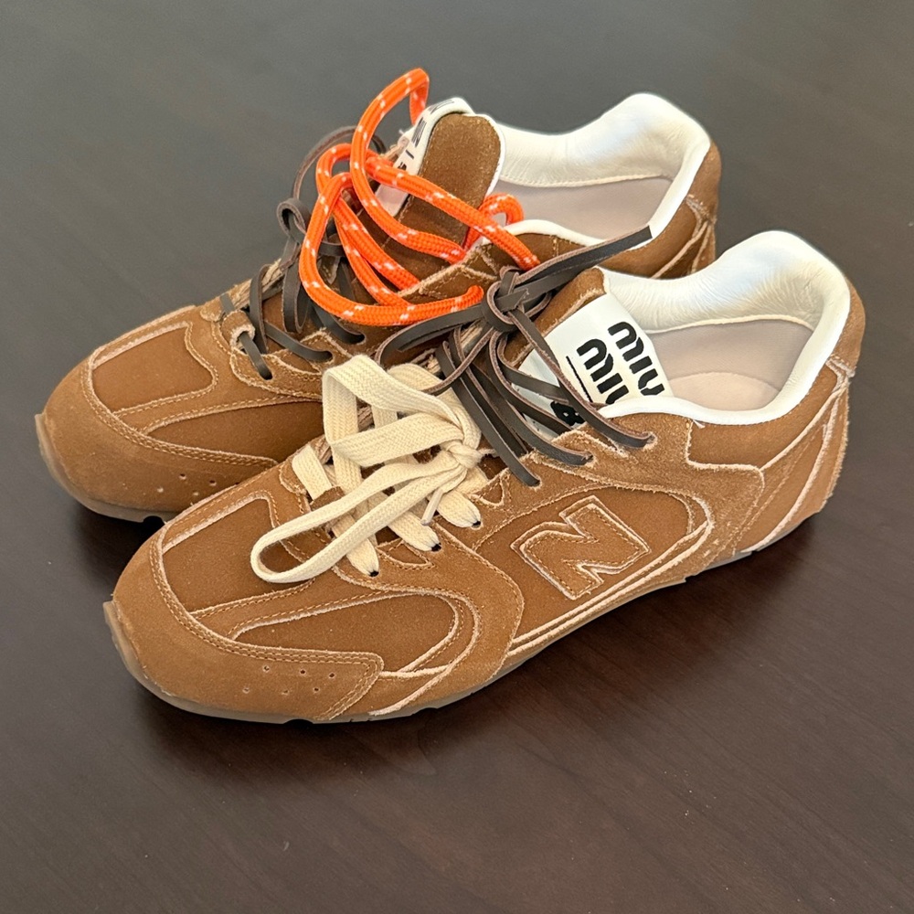 Miu Miu x New Balance Brown Sneakers with Orange and Cream Laces